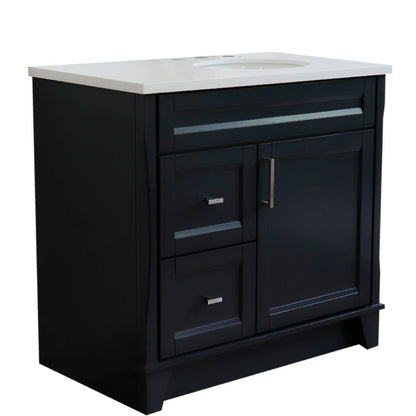 37" Single sink vanity in Dark Gray finish with White engineered stone and LEFT oval sink RIGHT drawers