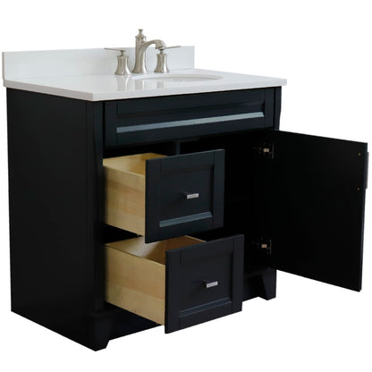 37" Single sink vanity in Dark Gray finish with White engineered stone and LEFT oval sink RIGHT drawers