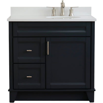 37" Single sink vanity in Dark Gray finish with White engineered stone and LEFT oval sink RIGHT drawers