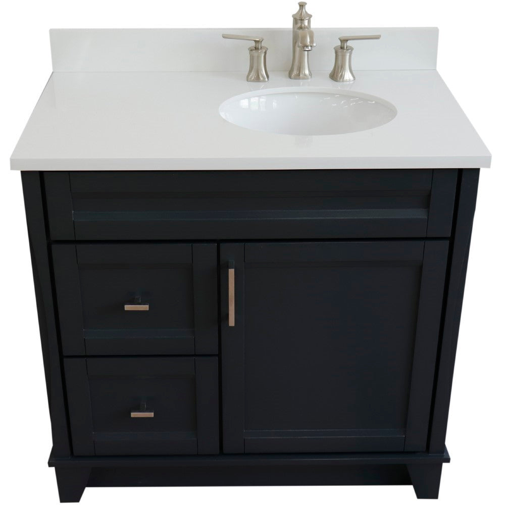 37" Single sink vanity in Dark Gray finish with White engineered stone and LEFT oval sink RIGHT drawers