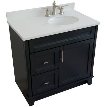 37" Single sink vanity in Dark Gray finish with White engineered stone and LEFT oval sink RIGHT drawers