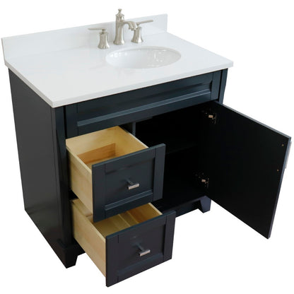 37" Single sink vanity in Dark Gray finish with White engineered stone and LEFT oval sink RIGHT drawers