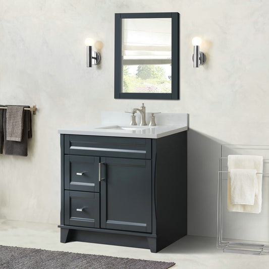 37" Single sink vanity in Dark Gray finish with White engineered stone and CENTER rectangle sink RIGHT drawers