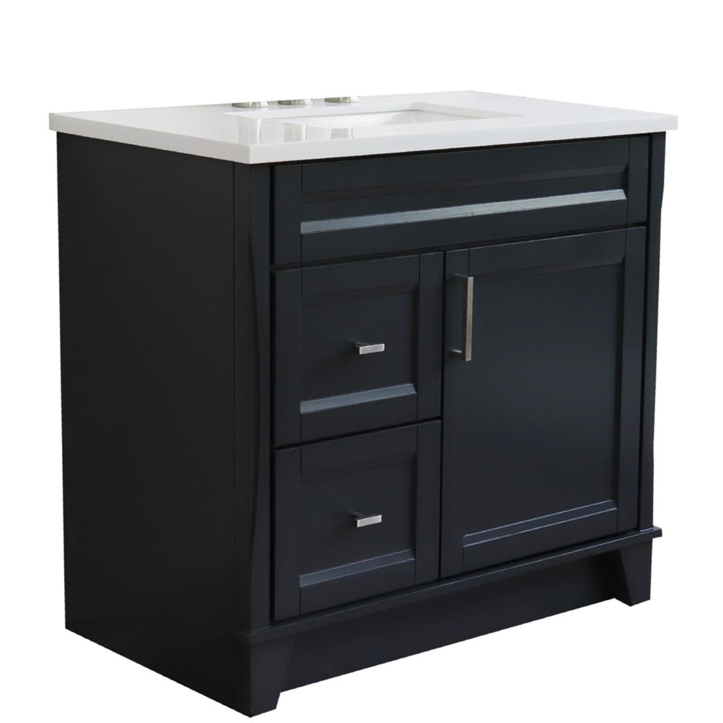 37" Single sink vanity in Dark Gray finish with White engineered stone and CENTER rectangle sink RIGHT drawers
