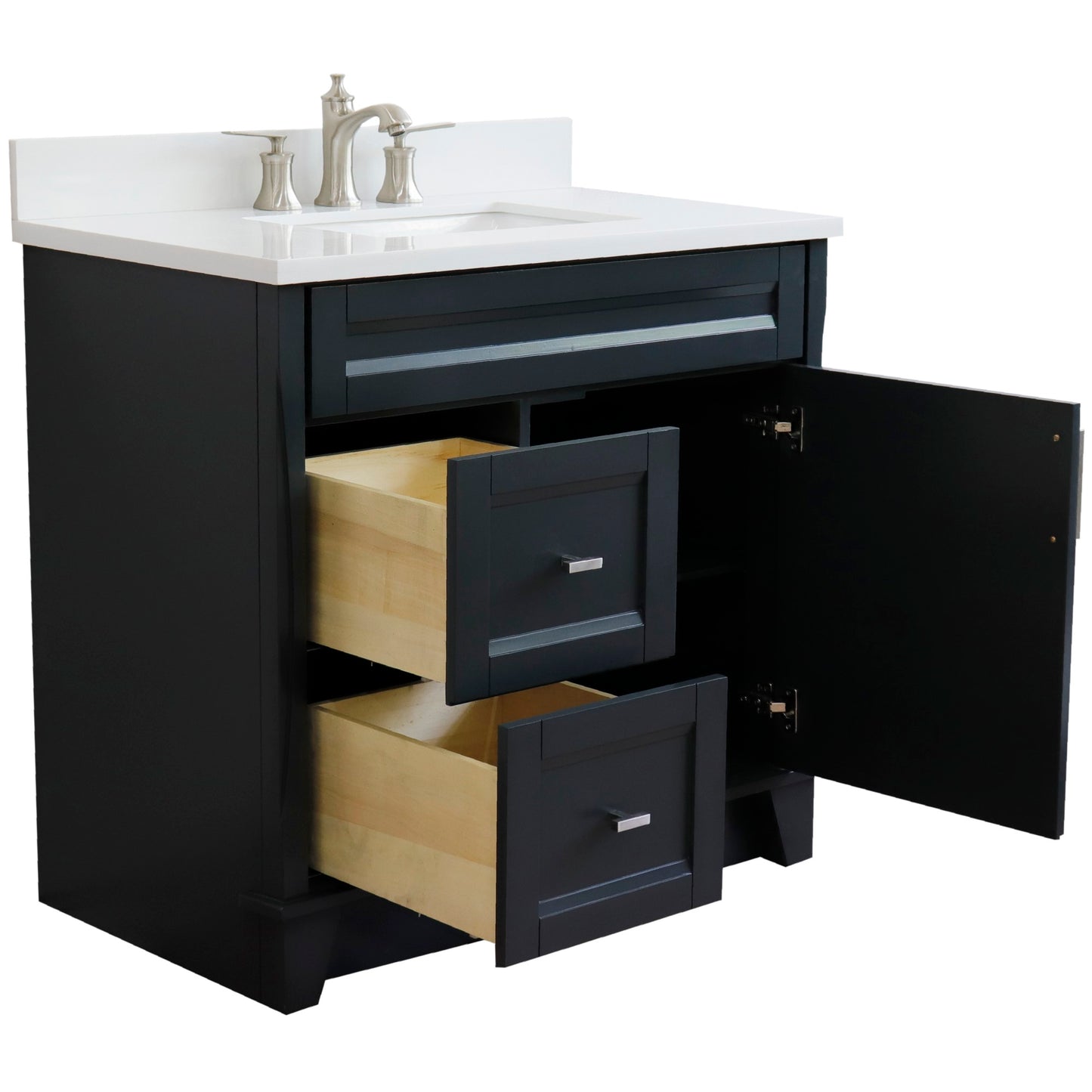 37" Single sink vanity in Dark Gray finish with White engineered stone and CENTER rectangle sink RIGHT drawers