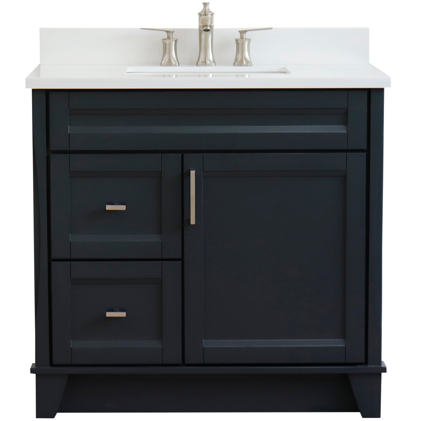 37" Single sink vanity in Dark Gray finish with White engineered stone and CENTER rectangle sink RIGHT drawers