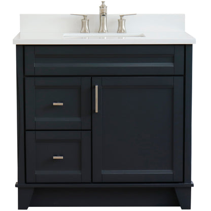 37" Single sink vanity in Dark Gray finish with White engineered stone and CENTER rectangle sink RIGHT drawers