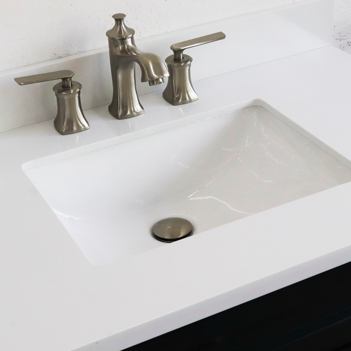 37" Single sink vanity in Dark Gray finish with White engineered stone and CENTER rectangle sink RIGHT drawers