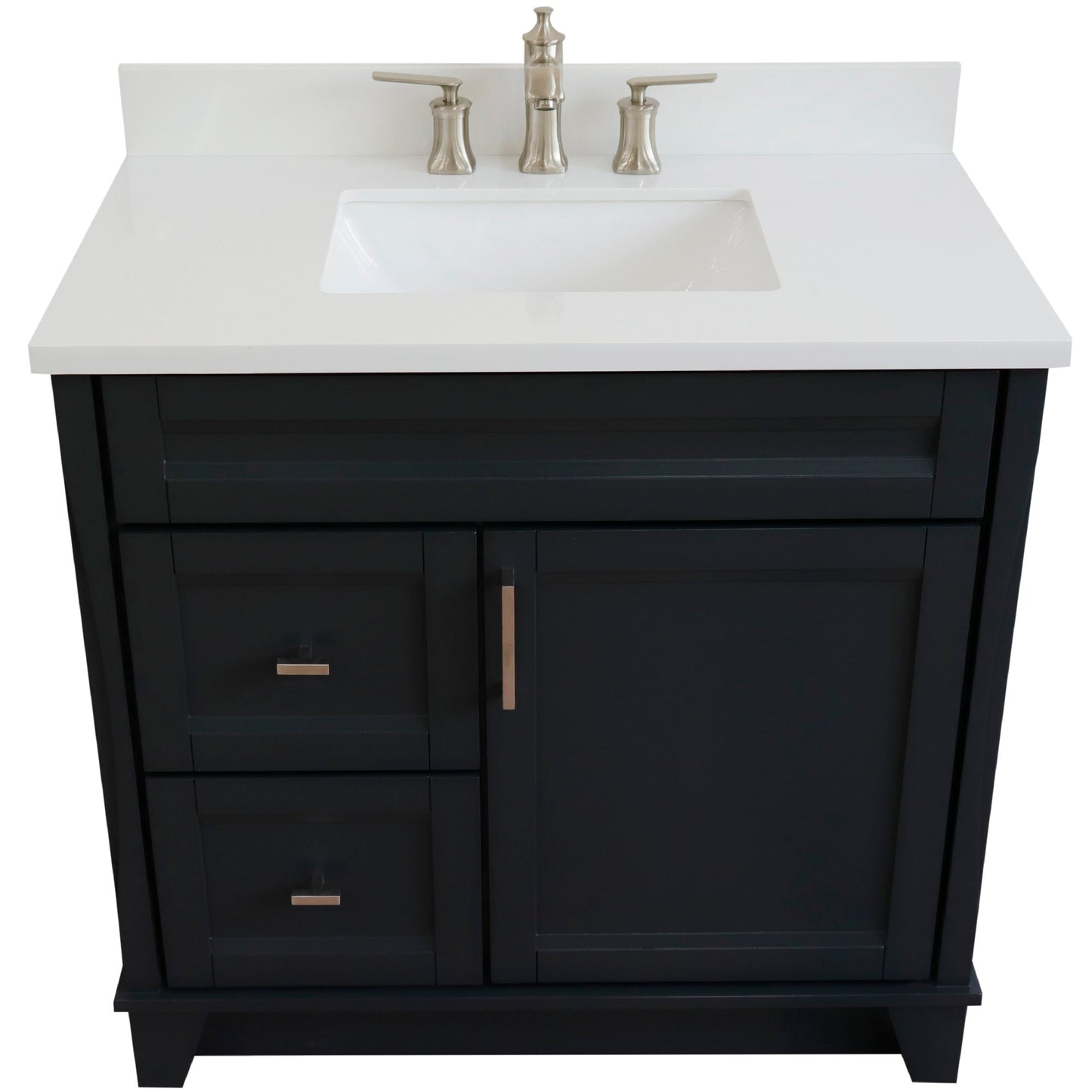 37" Single sink vanity in Dark Gray finish with White engineered stone and CENTER rectangle sink RIGHT drawers
