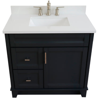 37" Single sink vanity in Dark Gray finish with White engineered stone and CENTER rectangle sink RIGHT drawers