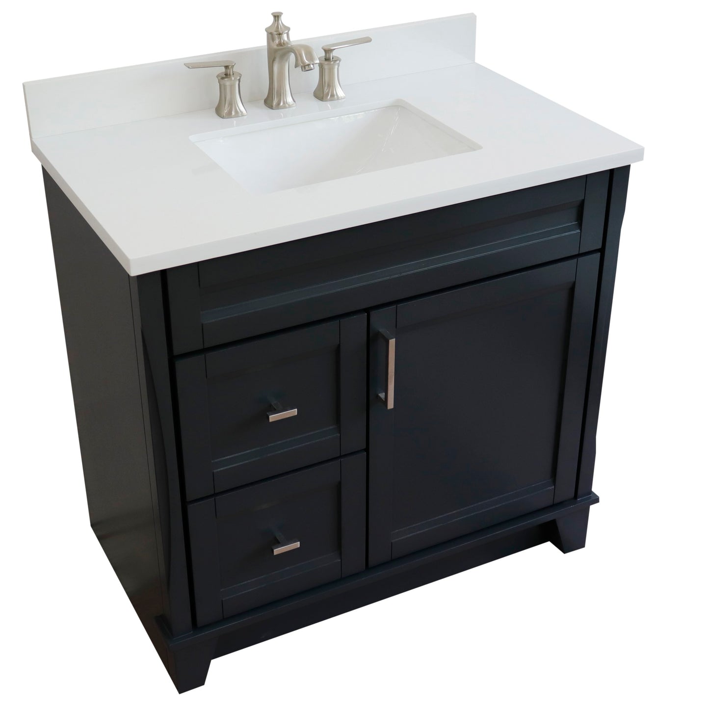 37" Single sink vanity in Dark Gray finish with White engineered stone and CENTER rectangle sink RIGHT drawers