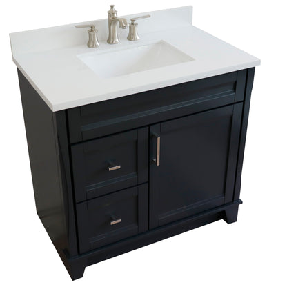 37" Single sink vanity in Dark Gray finish with White engineered stone and CENTER rectangle sink RIGHT drawers