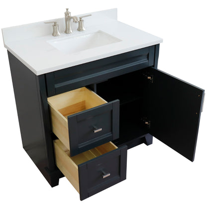 37" Single sink vanity in Dark Gray finish with White engineered stone and CENTER rectangle sink RIGHT drawers