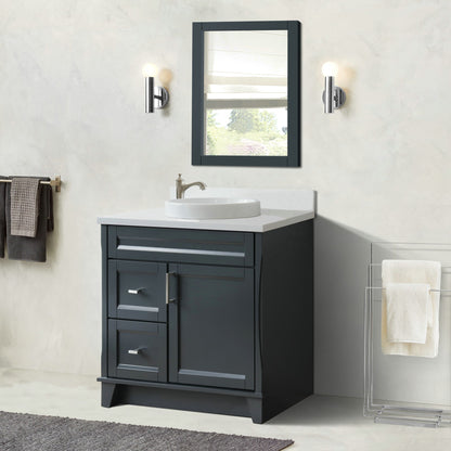 37" Single sink vanity in Dark Gray finish with White engineered stone and CENTER round sink RIGHT drawers