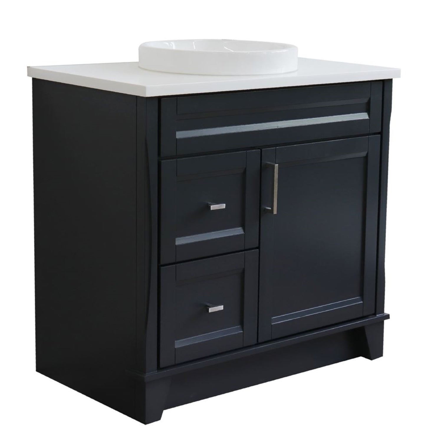 37" Single sink vanity in Dark Gray finish with White engineered stone and CENTER round sink RIGHT drawers