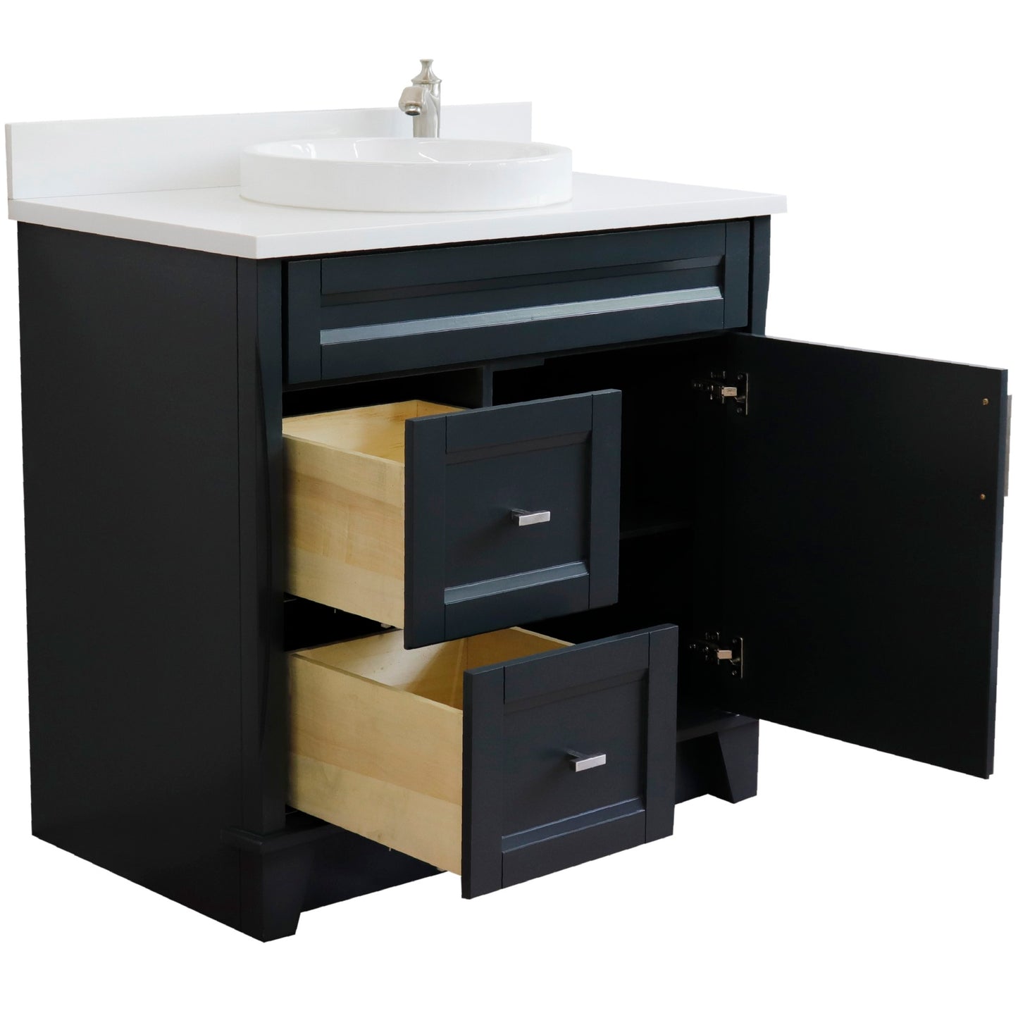 37" Single sink vanity in Dark Gray finish with White engineered stone and CENTER round sink RIGHT drawers