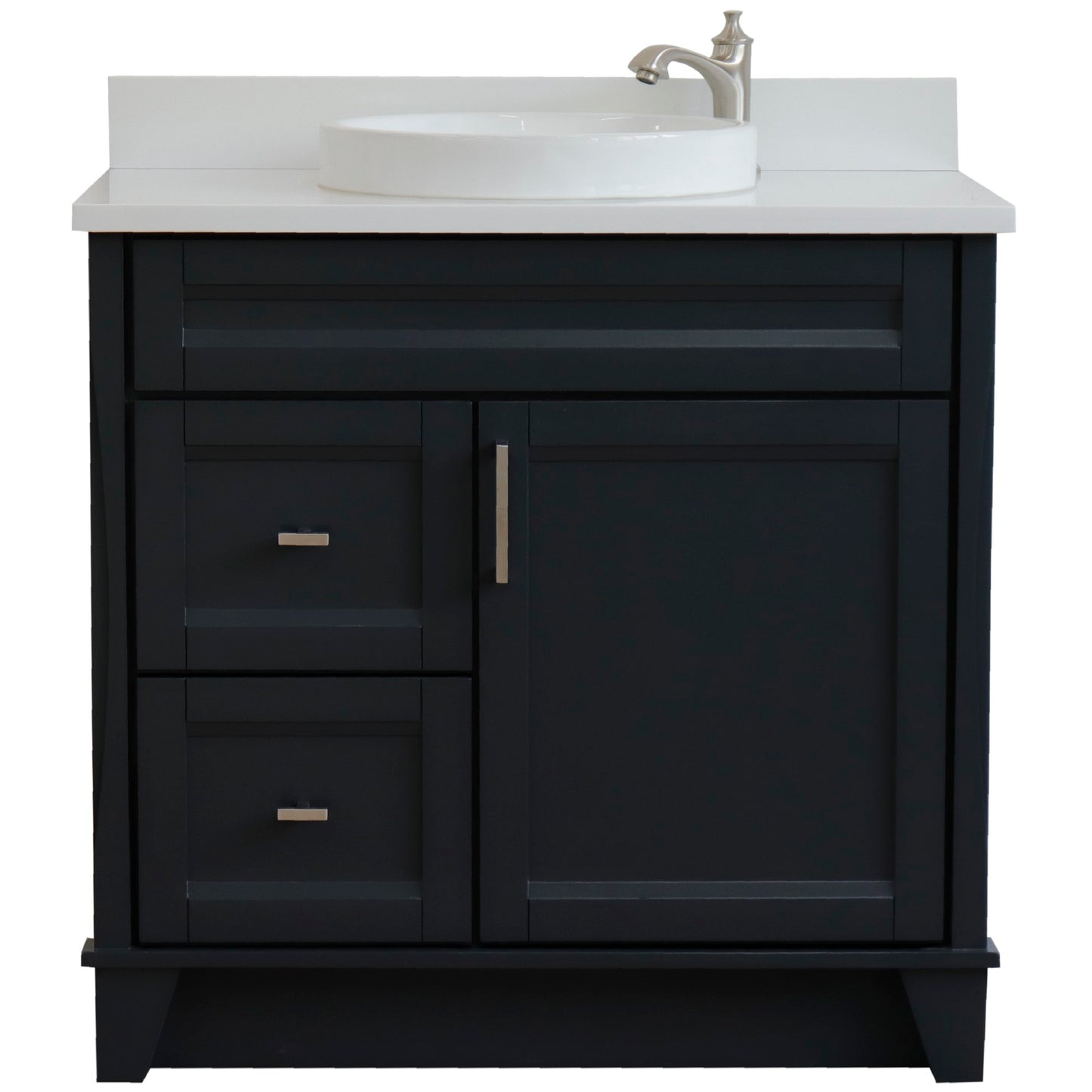 37" Single sink vanity in Dark Gray finish with White engineered stone and CENTER round sink RIGHT drawers