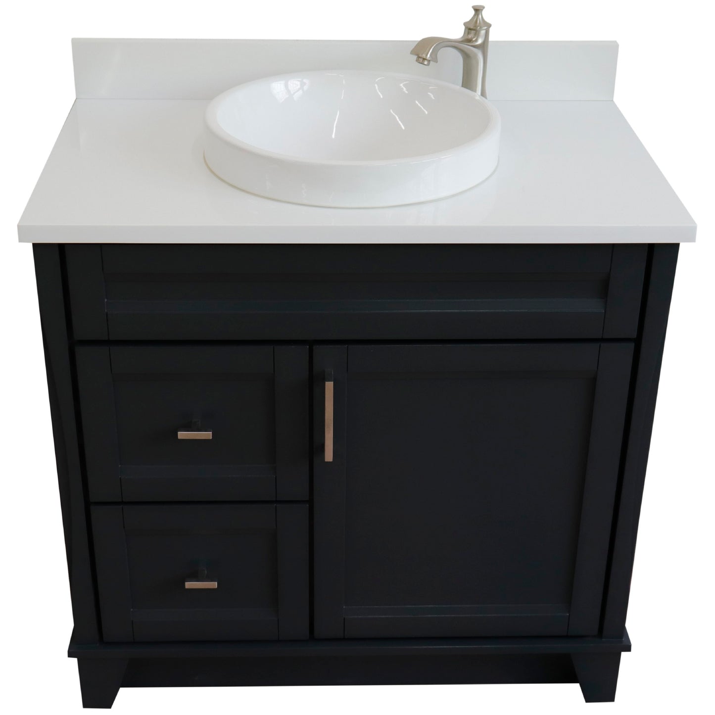 37" Single sink vanity in Dark Gray finish with White engineered stone and CENTER round sink RIGHT drawers
