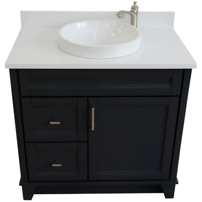 37" Single sink vanity in Dark Gray finish with White engineered stone and CENTER round sink RIGHT drawers