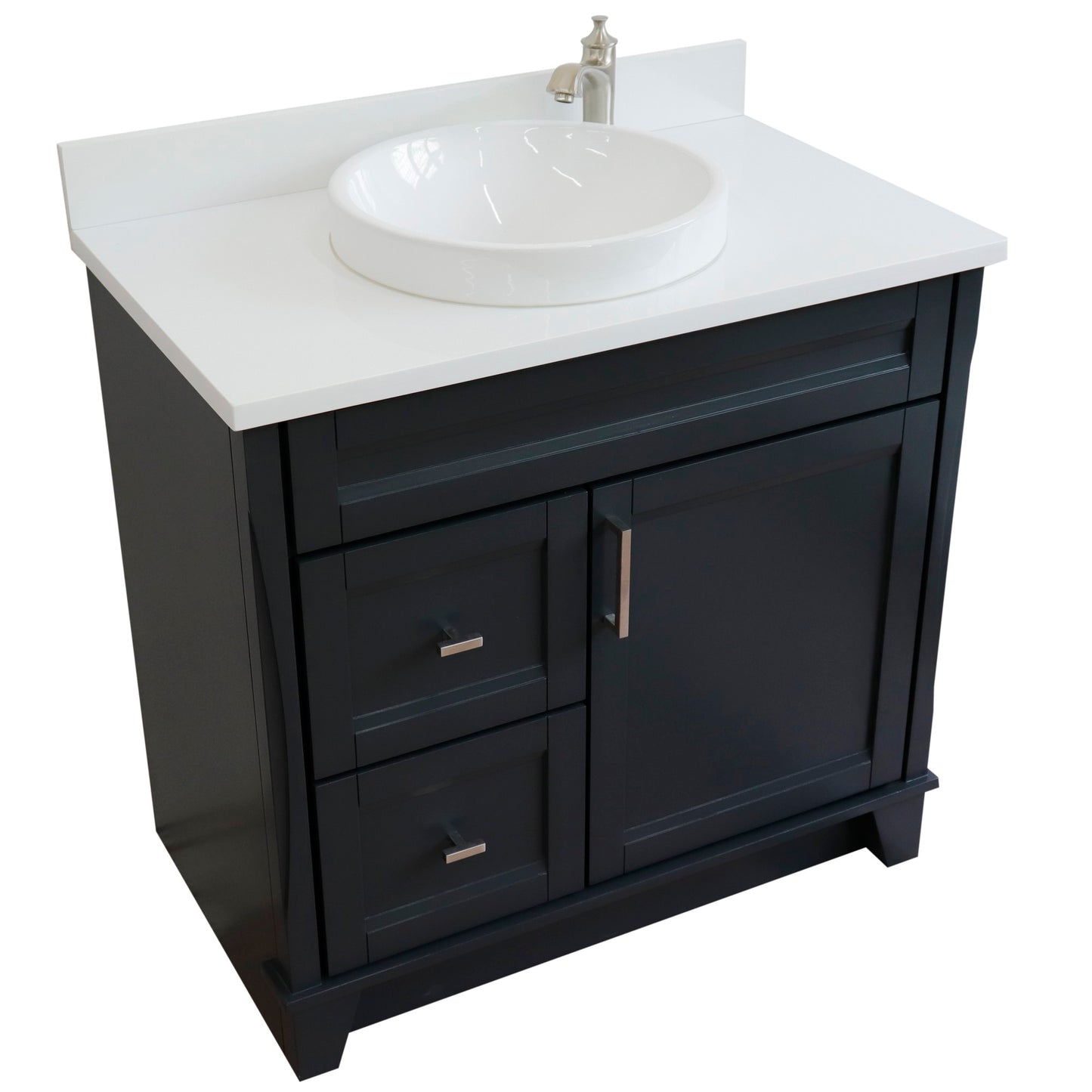 37" Single sink vanity in Dark Gray finish with White engineered stone and CENTER round sink RIGHT drawers