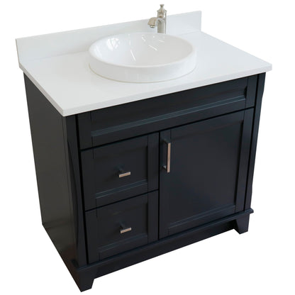 37" Single sink vanity in Dark Gray finish with White engineered stone and CENTER round sink RIGHT drawers