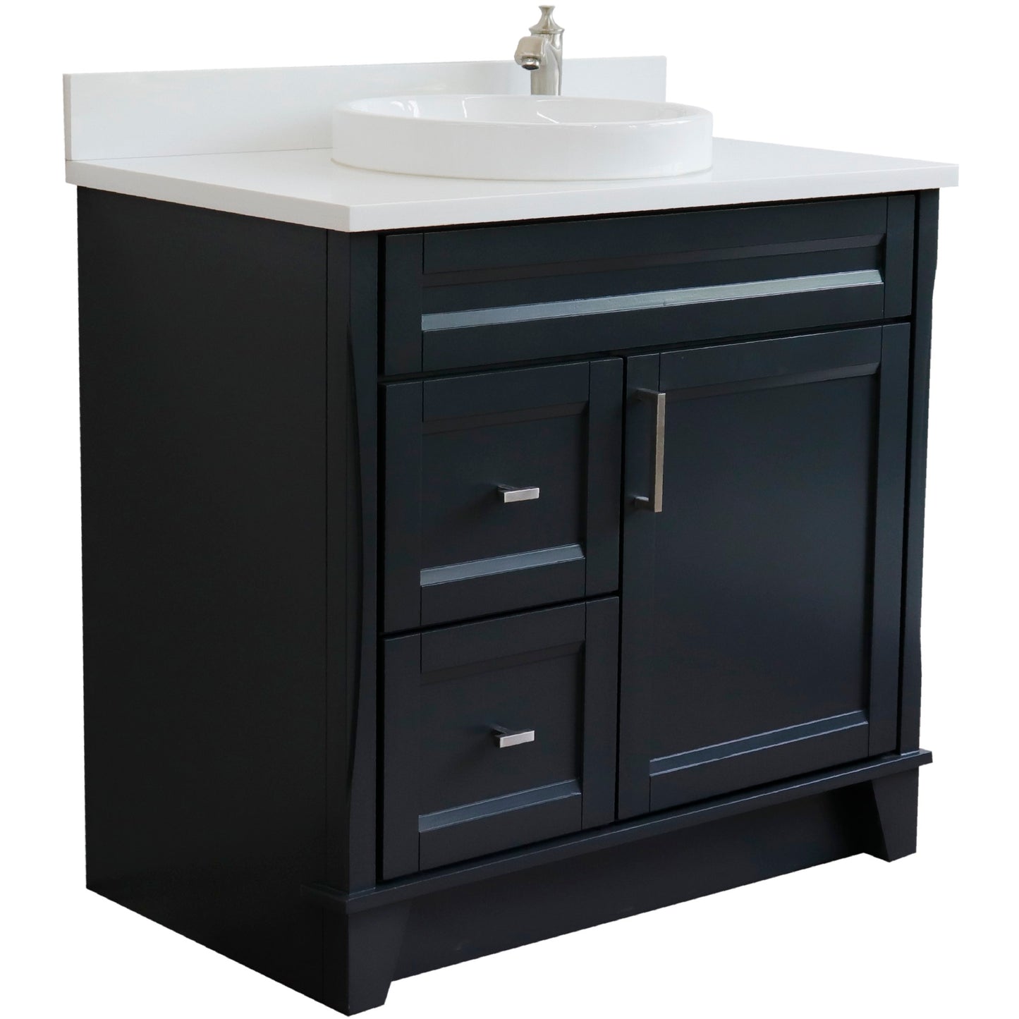 37" Single sink vanity in Dark Gray finish with White engineered stone and CENTER round sink RIGHT drawers