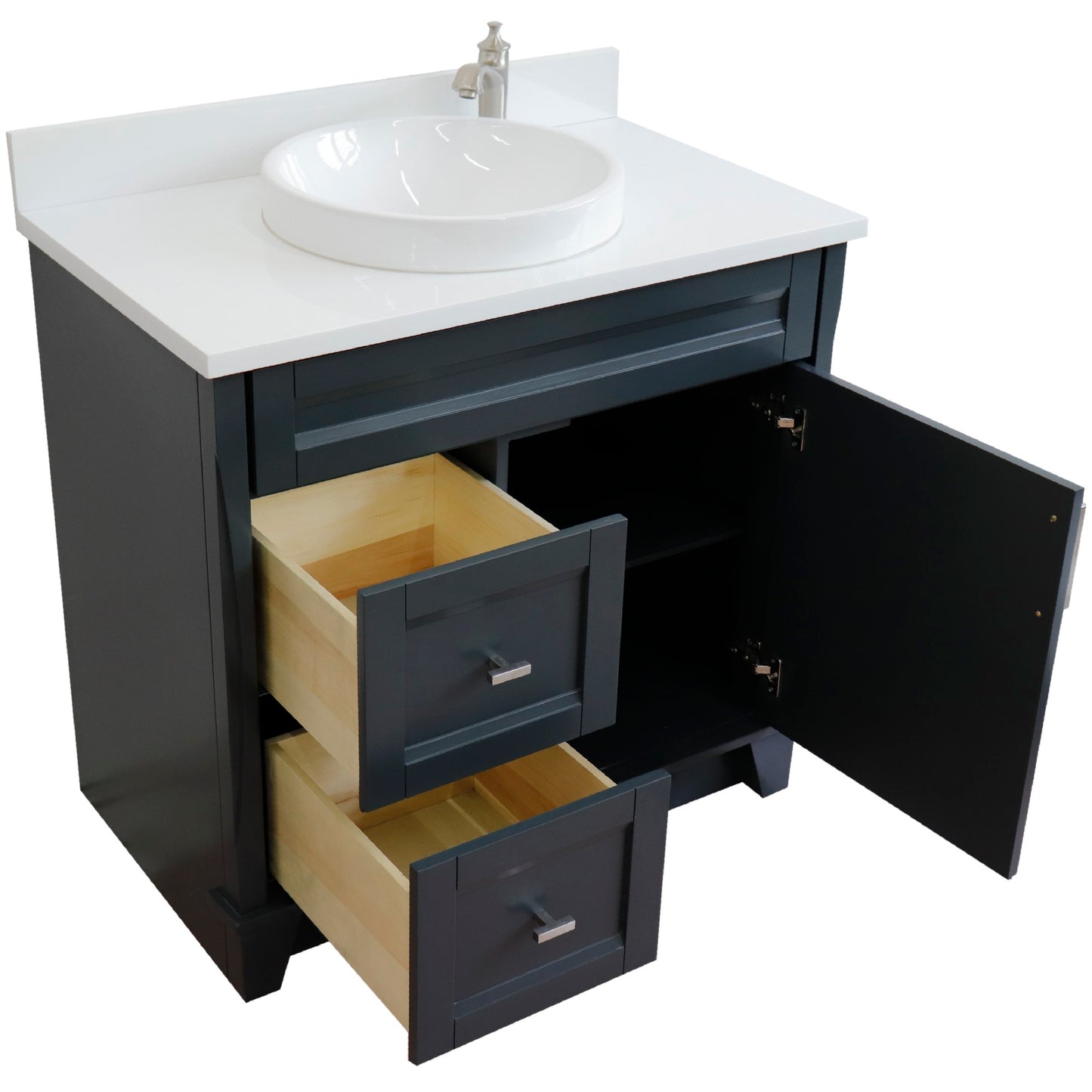 37" Single sink vanity in Dark Gray finish with White engineered stone and CENTER round sink RIGHT drawers