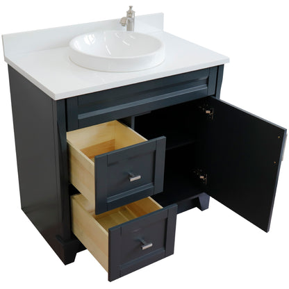 37" Single sink vanity in Dark Gray finish with White engineered stone and CENTER round sink RIGHT drawers
