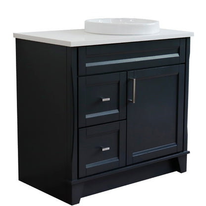 37" Single sink vanity in Dark Gray finish with White engineered stone and LEFT round sink RIGHT drawers
