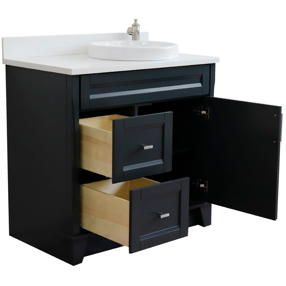 37" Single sink vanity in Dark Gray finish with White engineered stone and LEFT round sink RIGHT drawers