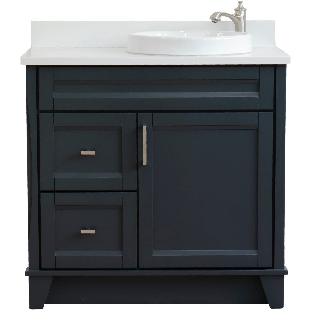 37" Single sink vanity in Dark Gray finish with White engineered stone and LEFT round sink RIGHT drawers