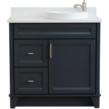 37" Single sink vanity in Dark Gray finish with White engineered stone and LEFT round sink RIGHT drawers