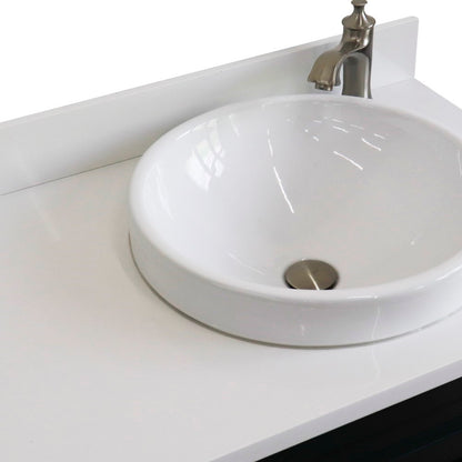37" Single sink vanity in Dark Gray finish with White engineered stone and LEFT round sink RIGHT drawers