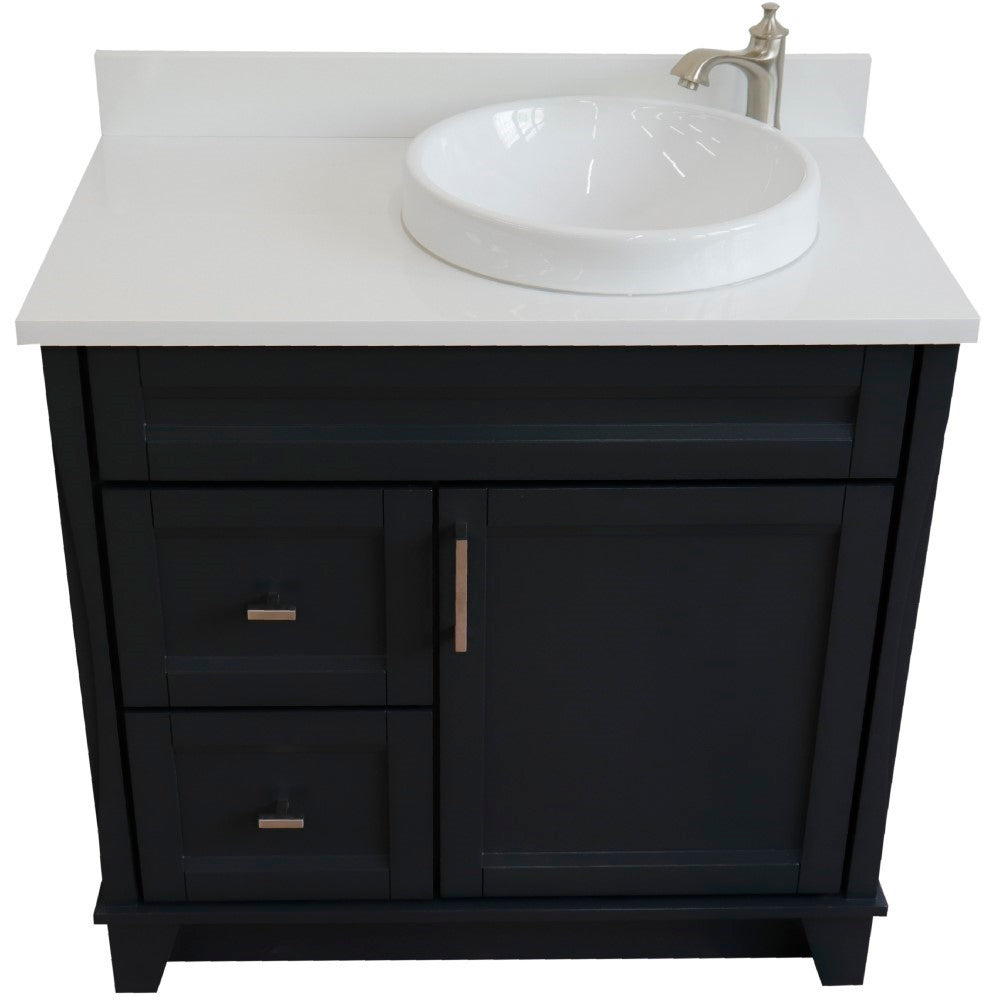 37" Single sink vanity in Dark Gray finish with White engineered stone and LEFT round sink RIGHT drawers