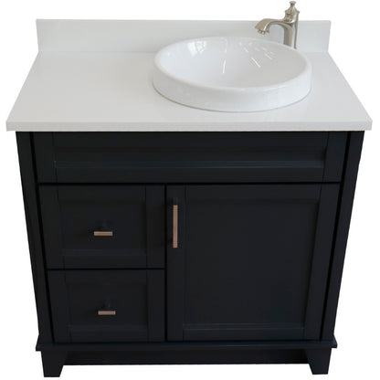 37" Single sink vanity in Dark Gray finish with White engineered stone and LEFT round sink RIGHT drawers