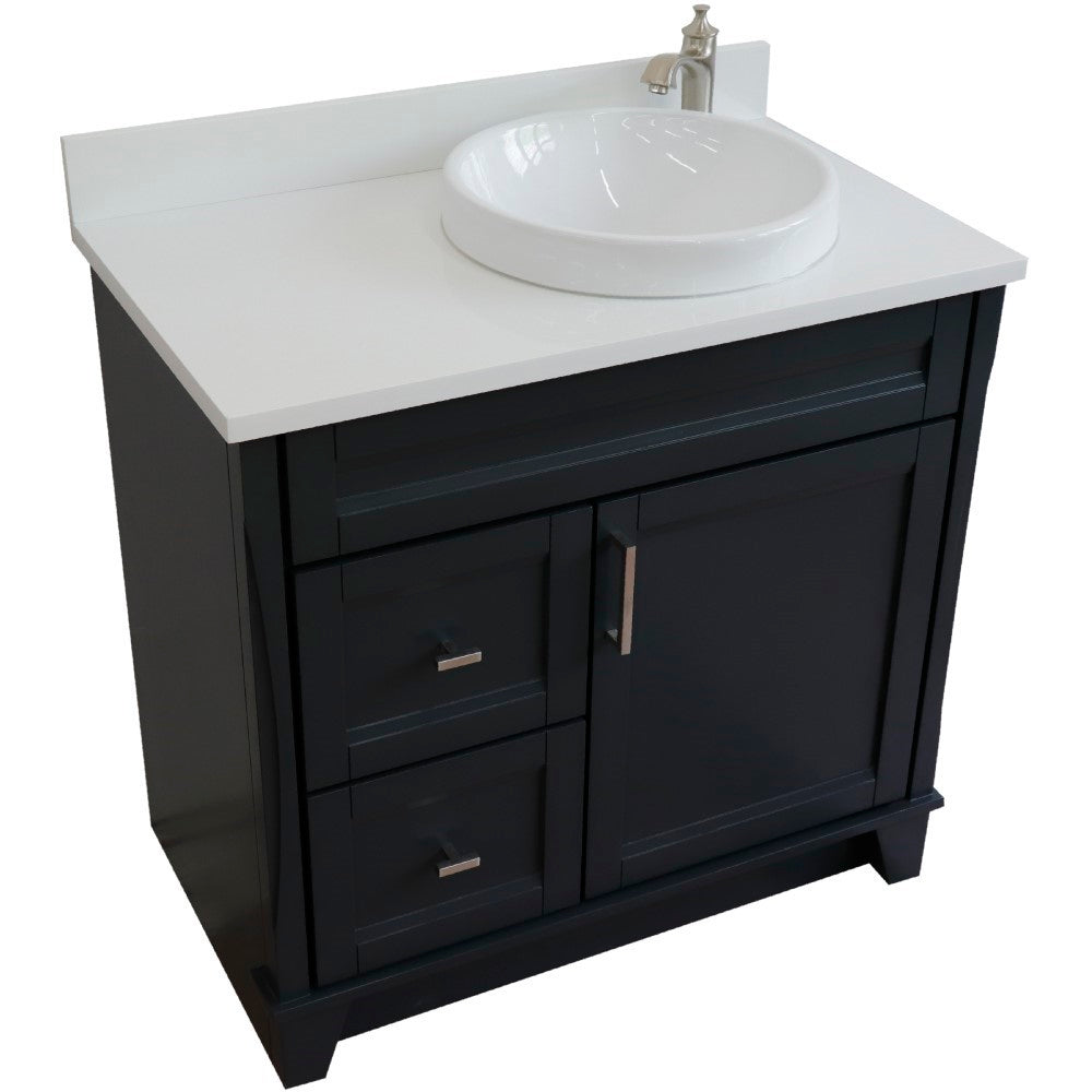 37" Single sink vanity in Dark Gray finish with White engineered stone and LEFT round sink RIGHT drawers