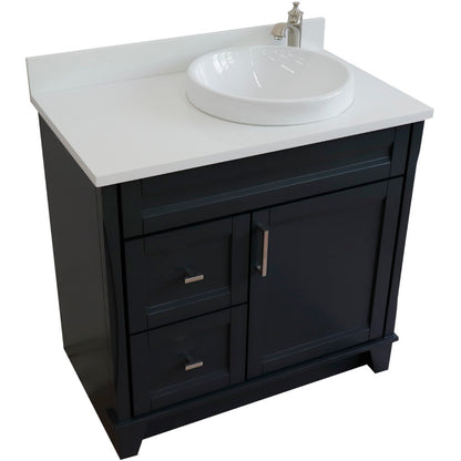 37" Single sink vanity in Dark Gray finish with White engineered stone and LEFT round sink RIGHT drawers