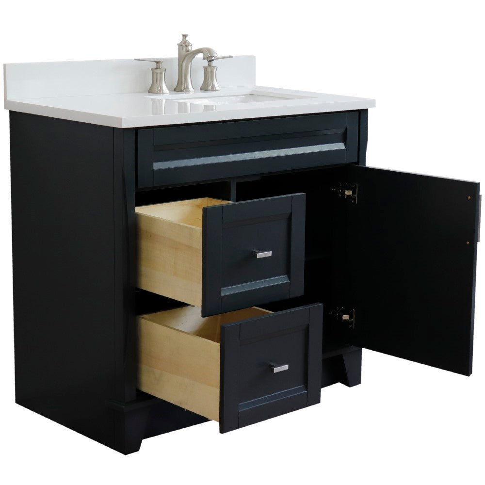 37" Single sink vanity in Dark Gray finish with White engineered stone and LEFT rectangle sink RIGHT drawers