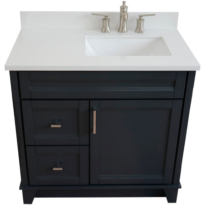 37" Single sink vanity in Dark Gray finish with White engineered stone and LEFT rectangle sink RIGHT drawers
