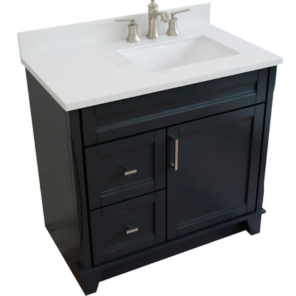 37" Single sink vanity in Dark Gray finish with White engineered stone and LEFT rectangle sink RIGHT drawers