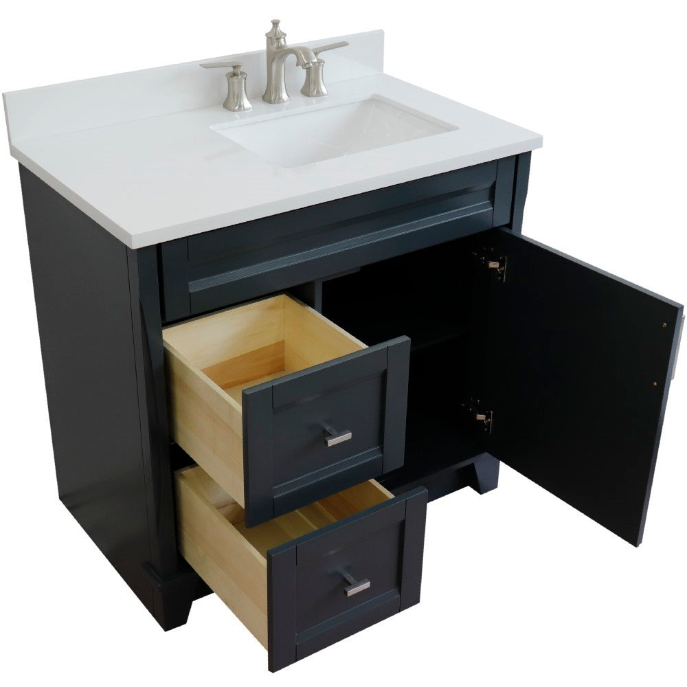 37" Single sink vanity in Dark Gray finish with White engineered stone and LEFT rectangle sink RIGHT drawers