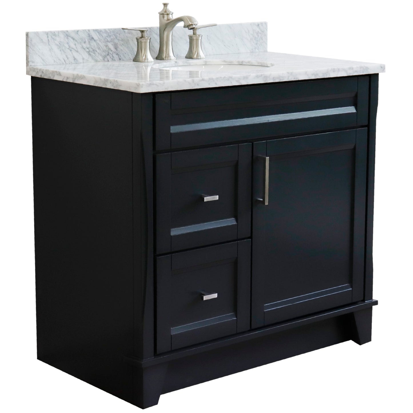 37" Single sink vanity in Dark Gray finish with White Carrara marble and CENTER oval sink RIGHT drawers