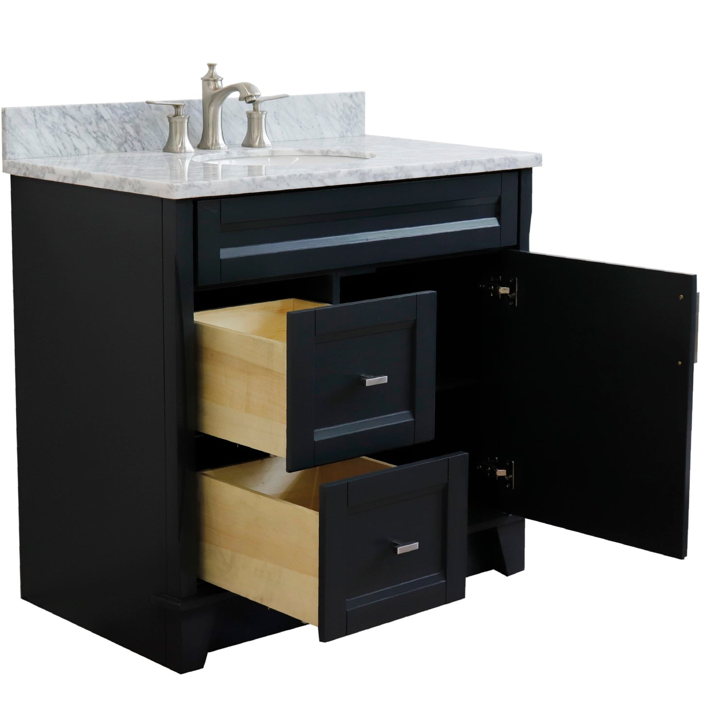 37" Single sink vanity in Dark Gray finish with White Carrara marble and CENTER oval sink RIGHT drawers