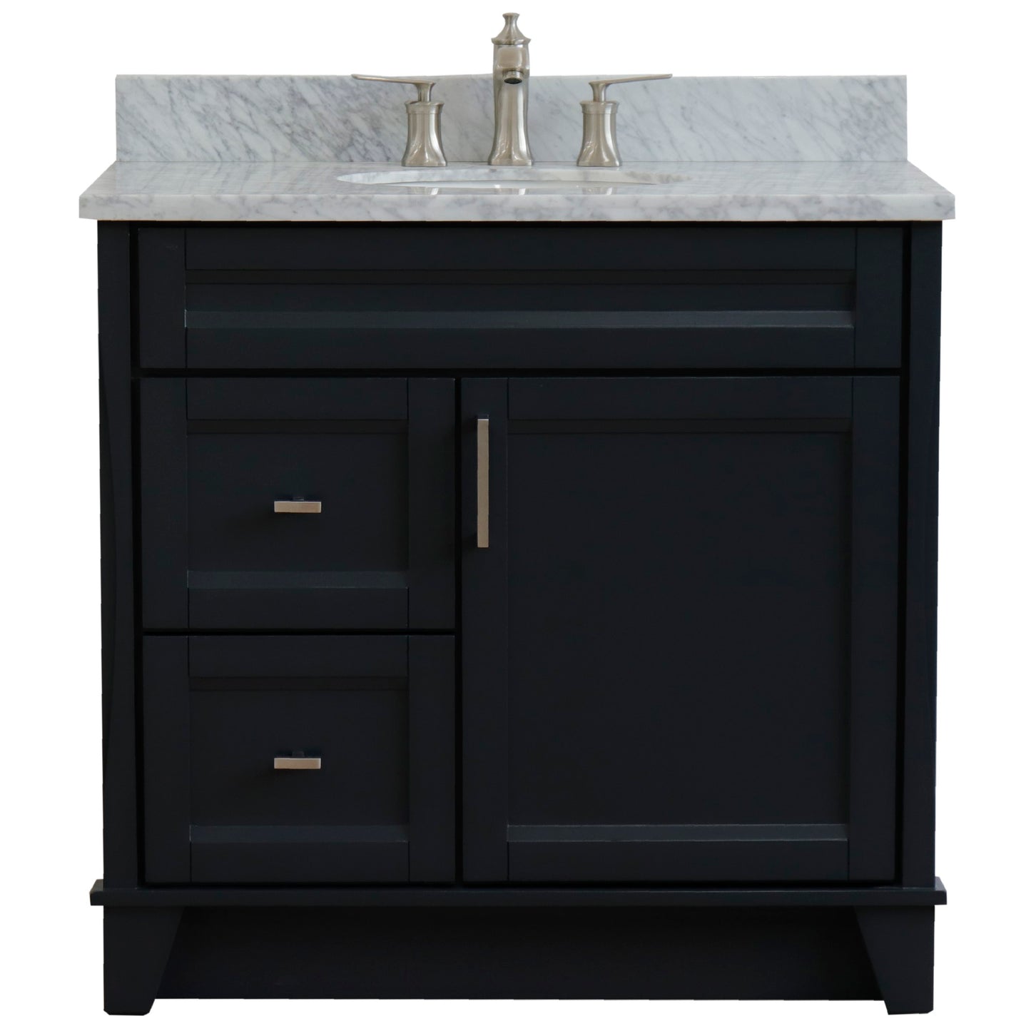 37" Single sink vanity in Dark Gray finish with White Carrara marble and CENTER oval sink RIGHT drawers
