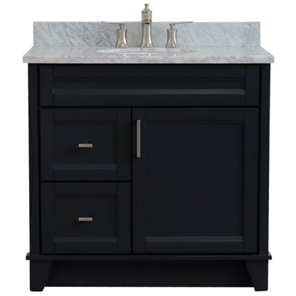 37" Single sink vanity in Dark Gray finish with White Carrara marble and CENTER oval sink RIGHT drawers