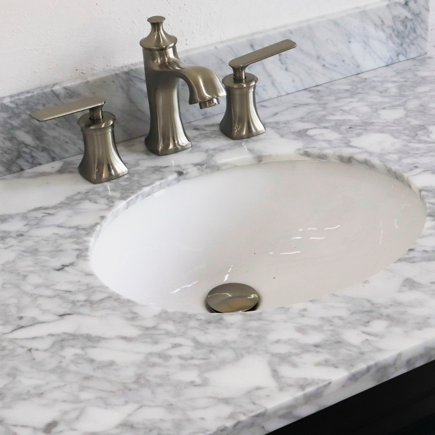 37" Single sink vanity in Dark Gray finish with White Carrara marble and CENTER oval sink RIGHT drawers