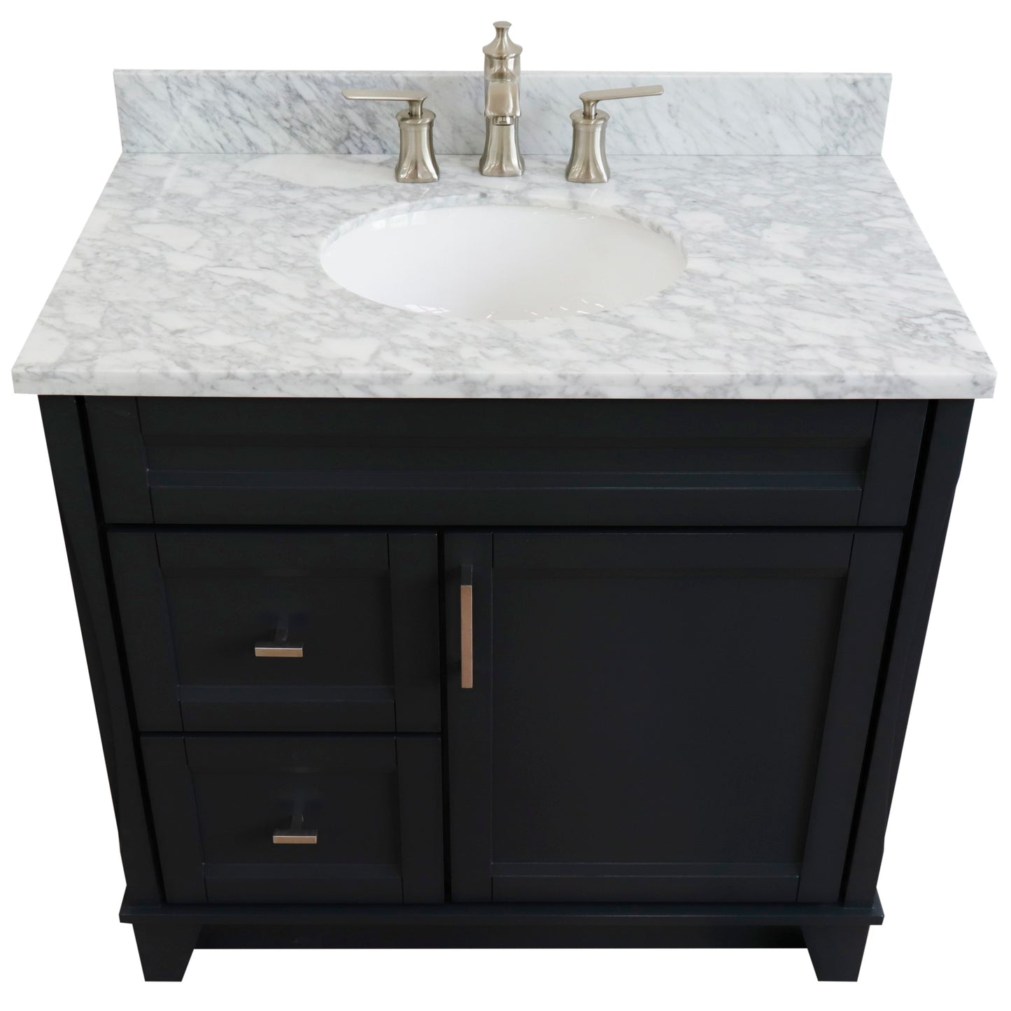 37" Single sink vanity in Dark Gray finish with White Carrara marble and CENTER oval sink RIGHT drawers