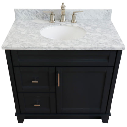 37" Single sink vanity in Dark Gray finish with White Carrara marble and CENTER oval sink RIGHT drawers