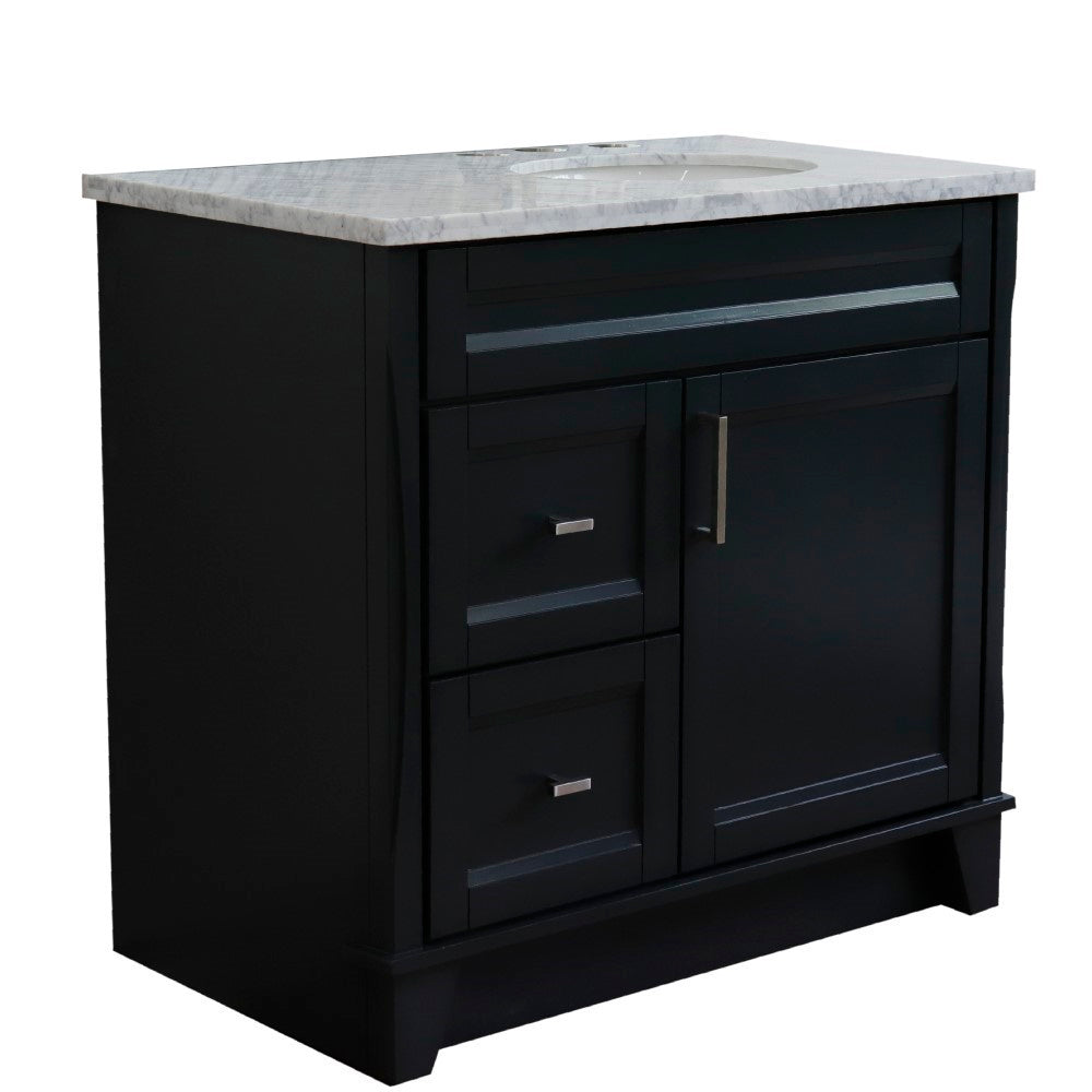 37" Single sink vanity in Dark Gray finish with White Carrara marble and LEFT oval sink RIGHT drawers