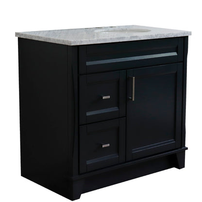 37" Single sink vanity in Dark Gray finish with White Carrara marble and LEFT oval sink RIGHT drawers